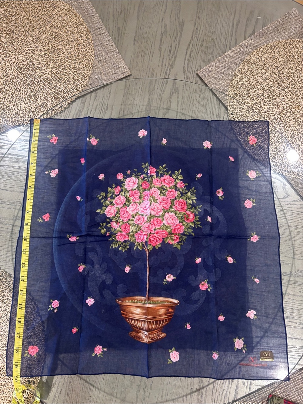 Valentino Garavani Navy Floral & Red Plaid Floral cotton Scarves/handkerchief - Picture 5 of 7
